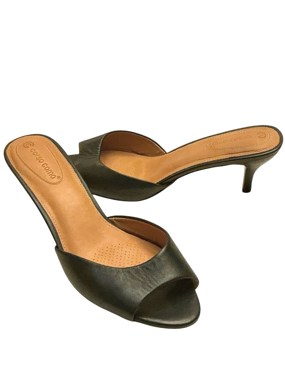 Corso Como Black Leather Kitten Heel Peep-toe Retro Glamorous Mule Size: 8 1/2